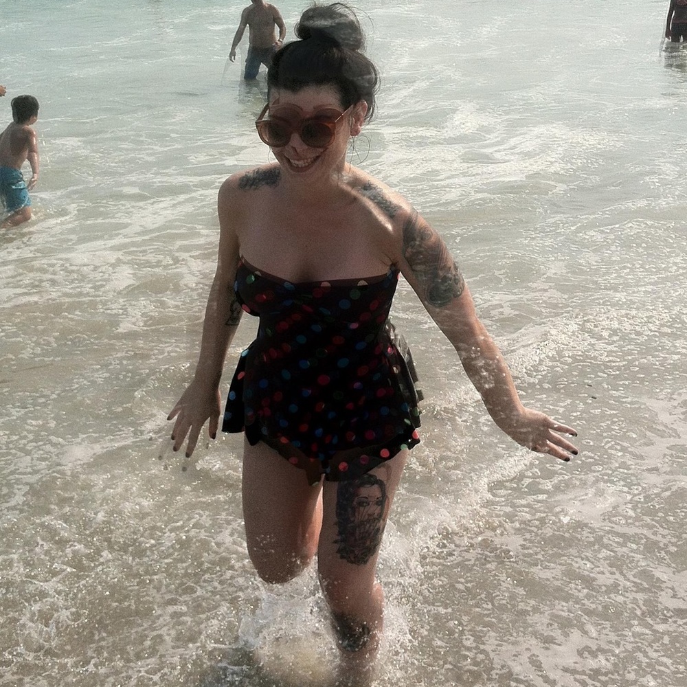 Vintage strapless polka dot skirted swimsuit